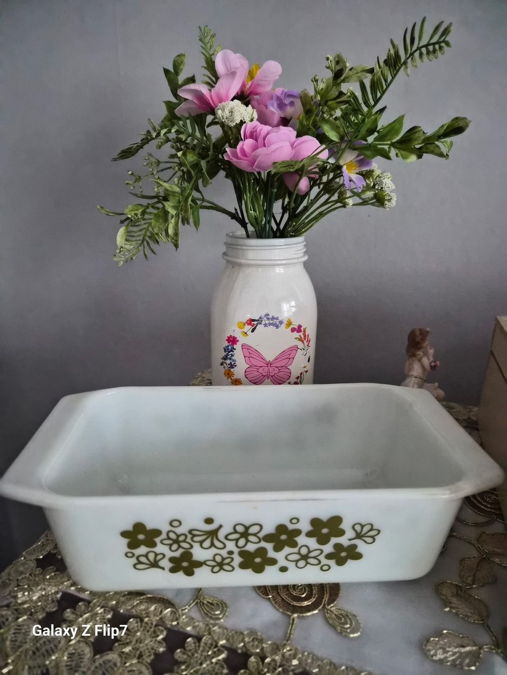 White Vintage Pyrex Floral Casserole Dish with Olive Green Flower Pattern